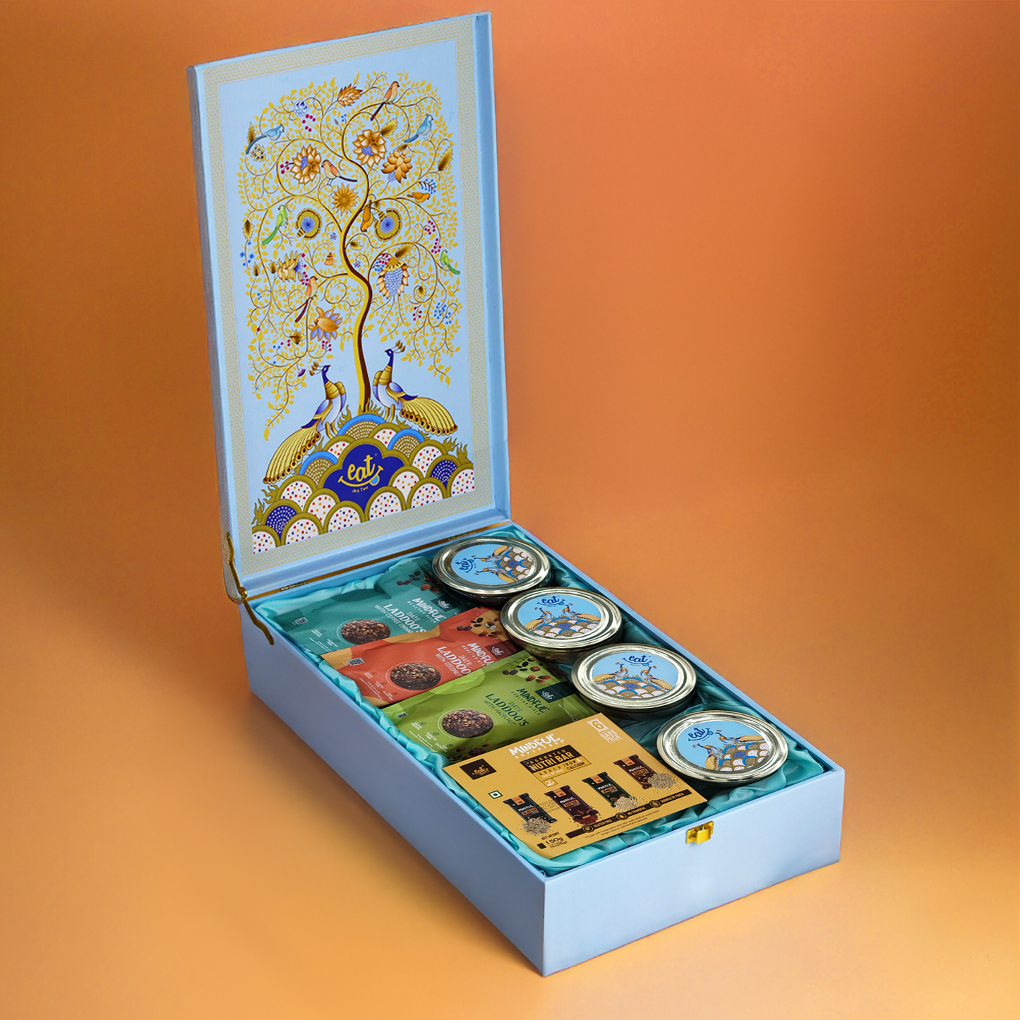 Eat Anytime Nutty Delights Gift Box - Featuring Almonds, Cashews, Raisins, Pistachios, Date Laddoos, Assorted Millet bars