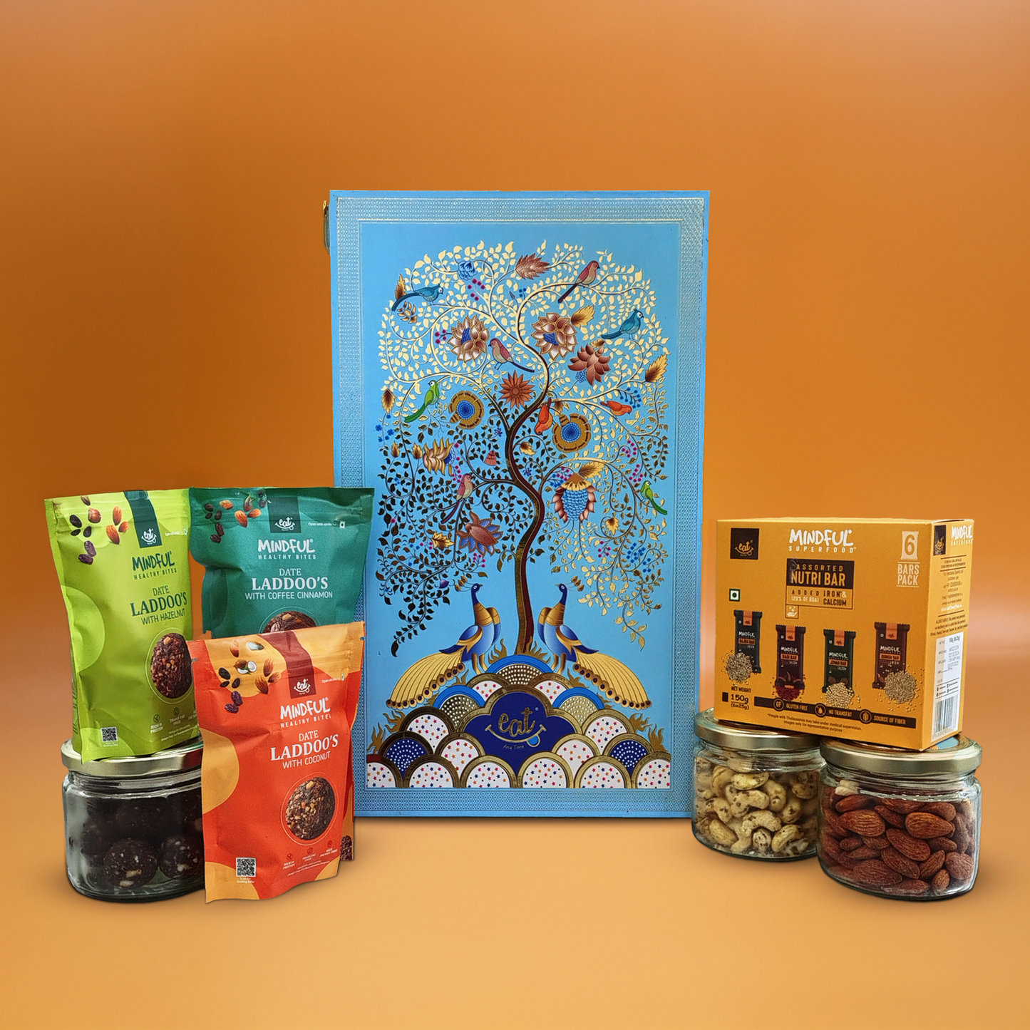 Eat Anytime Nutty Delights Gift Box - Featuring Almonds, Cashews, Raisins, Pistachios, Date Laddoos, Assorted Millet bars