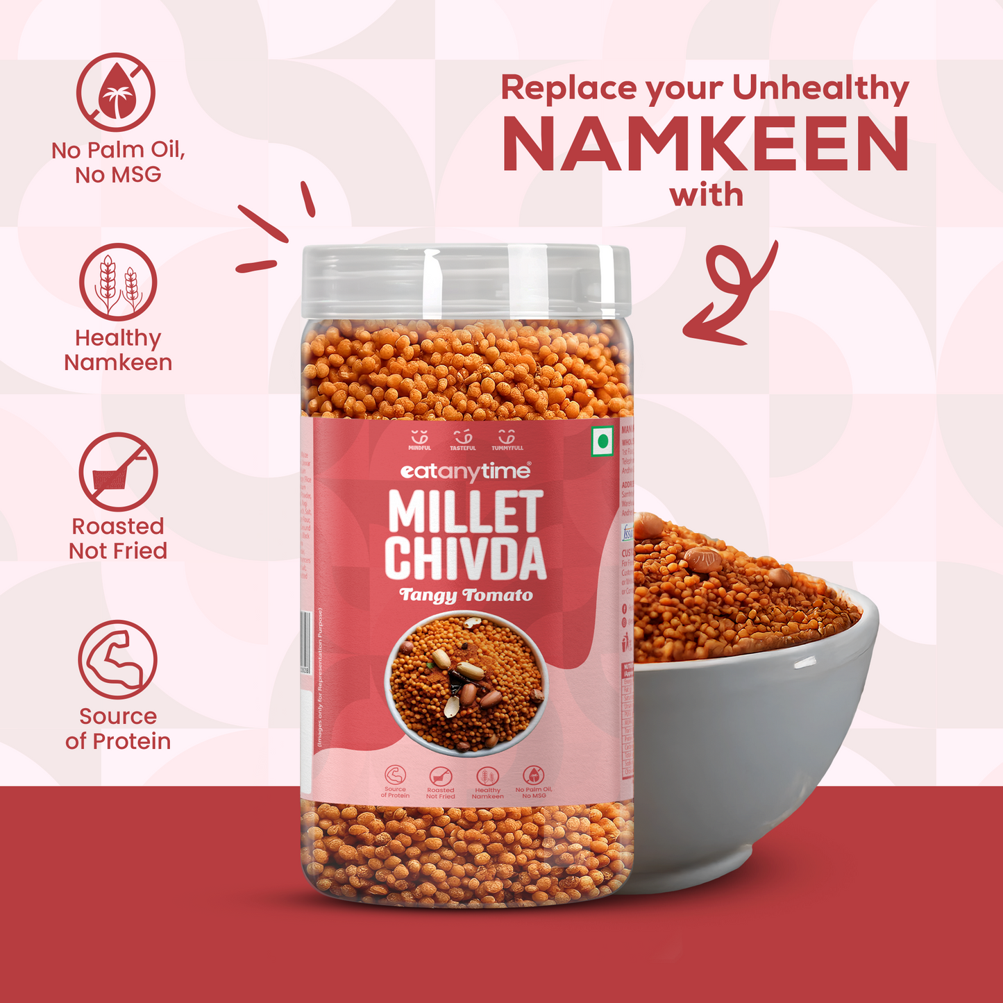 EAT ANYTIME Millet Chivda Tangy Tomato, Chivda Achari Masala 300g + Kurmura Tangy Tomato, Kurmura Cream & Onion 125g ( Pack of 4 Combo)