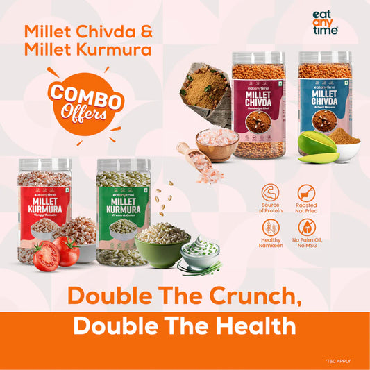 EAT ANYTIME Millet Chivda Achari Masala 300g + Chivda Bambaiya Bhel 300g + Kurmura Tangy Tomato 125g + Kurmura Cream & Onion 125g ( Pack of 4 Combo)