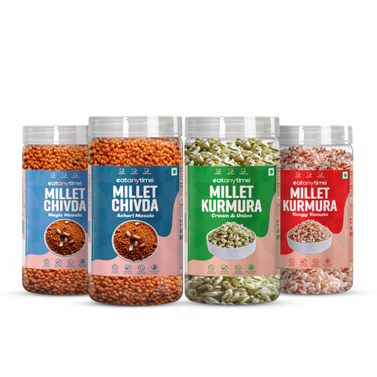 EAT ANYTIME Millet Chivda Magic Masala 300g + Chivda Achari Masala 300g + Kurmura Tangy Tomato 125g + Kurmura Cream & Onion 125g ( Pack of 4 Combo)