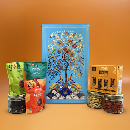 Eat Anytime Nutty Delights Gift Box - Featuring Almonds, Cashews, Raisins, Pistachios, Date Laddoos, Assorted Millet bars