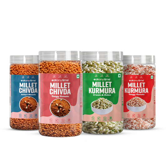 EAT ANYTIME Millet Chivda Tangy Tomato, Chivda Achari Masala 300g + Kurmura Tangy Tomato, Kurmura Cream & Onion 125g ( Pack of 4 Combo)