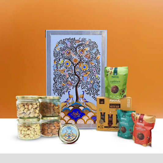 Eat Anytime Nutty Delights Gift Box - Featuring Almonds, Cashews, Raisins, Pistachios, Date Laddoos, Assorted Millet bars