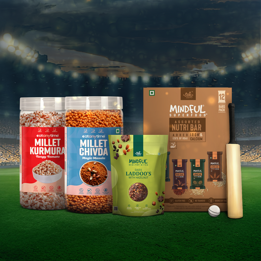 Eat Anytime IPL Party Pack - Millet Bar, Date Laddo, Millet Chivda & Kurmura